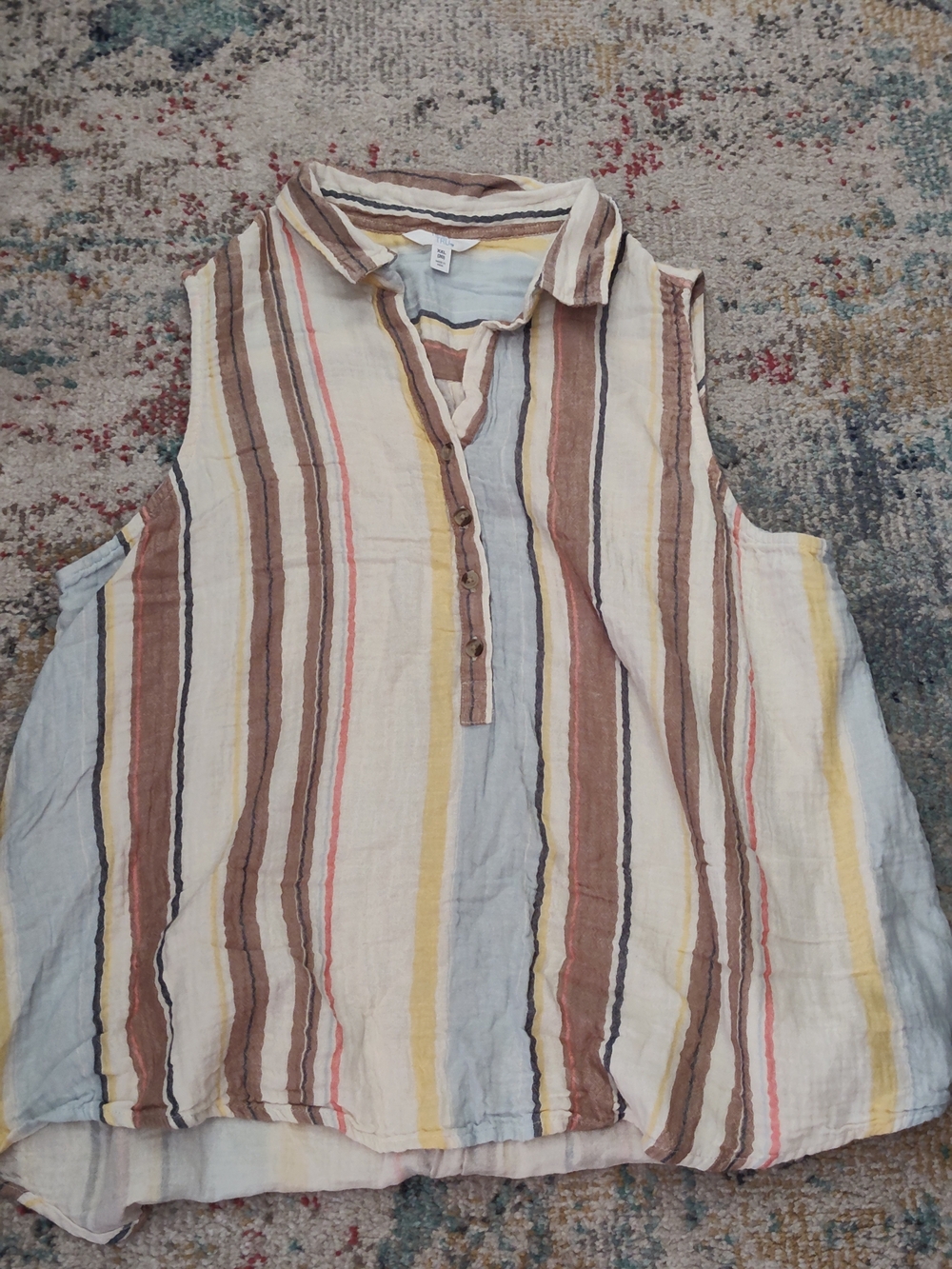 Time and Tru Sleeveless Striped Button-Front Top - Brown, Cream, Yellow, Blue